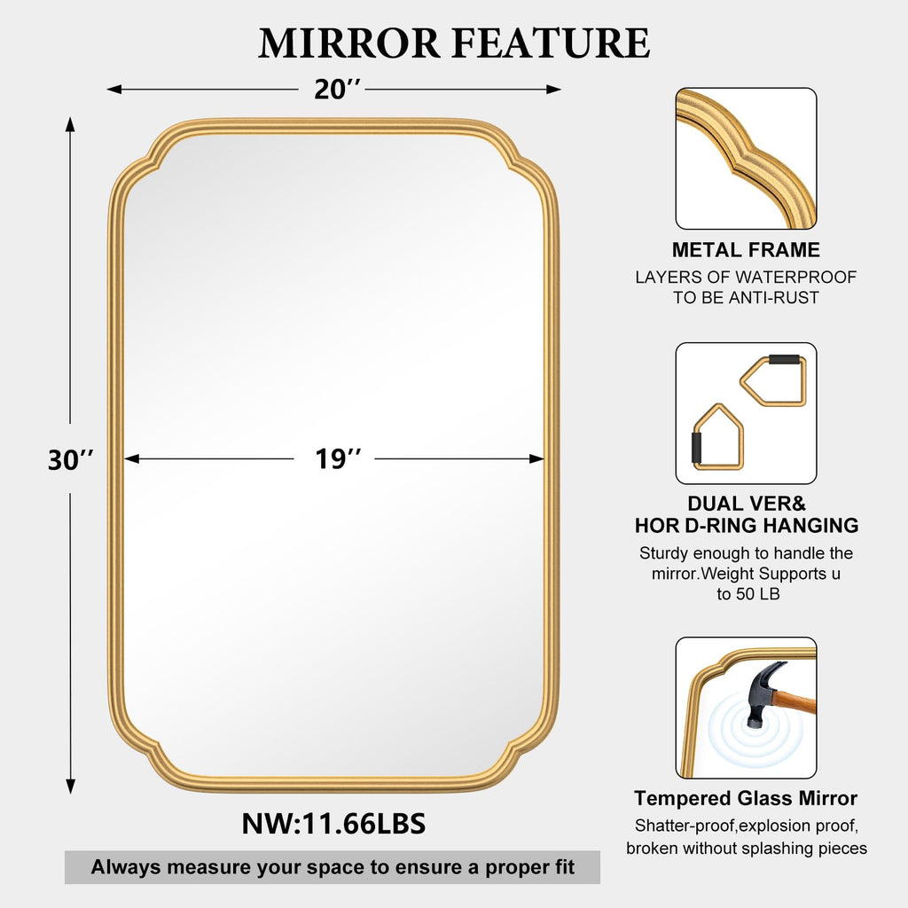 Gold Bathroom Mirror for Wall 20" x 30" Modern Rounded Corner Rectangle Mirror with Non-Rusting Iron Metal Framed