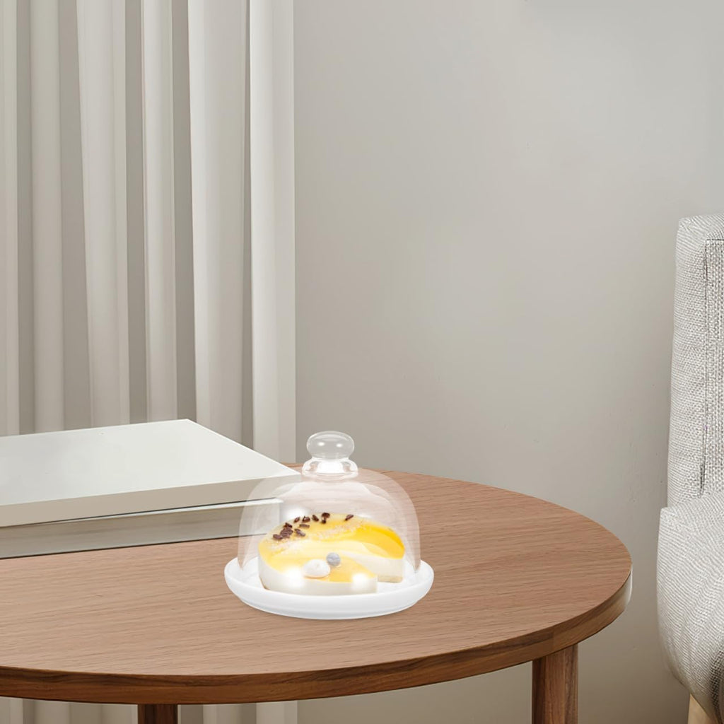 Ceramic Cake Stand with Glass Dome Cover White Ceramic Cake Plate Server Round Clear Glass Dome Dessert Plate Kitchen