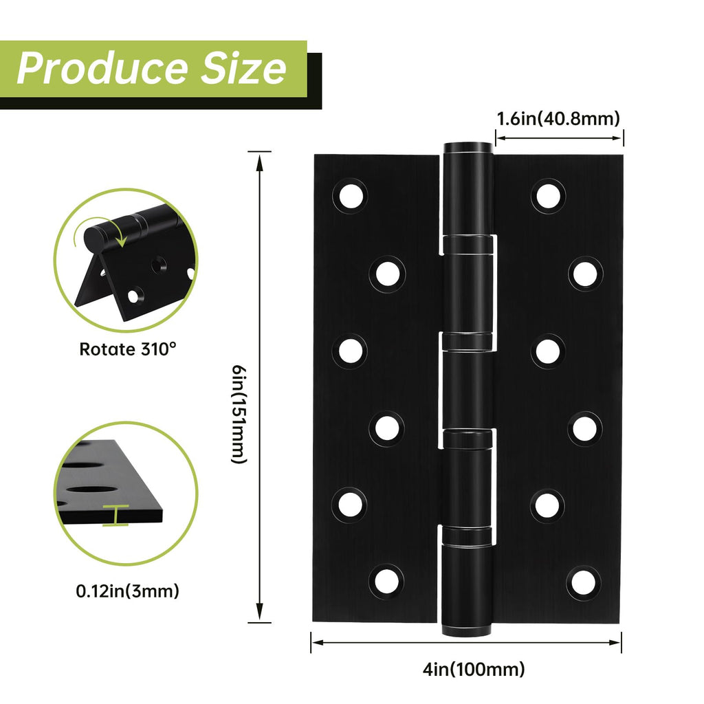 3 Pack Black Door Hinges 6 Inches Ball Bearing Hinges Heavy Duty Stainless Steel Hinge with Screws, Square Corner