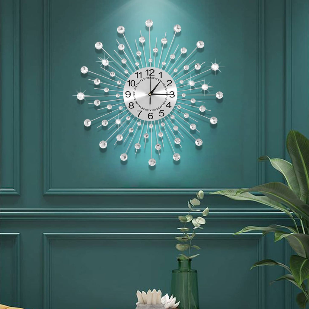 24 Inch Crystal Large Wall Clock Decor, Modern Metal Starburst Wall Clock Decor, Bling Crystal Clock Office Bedroom