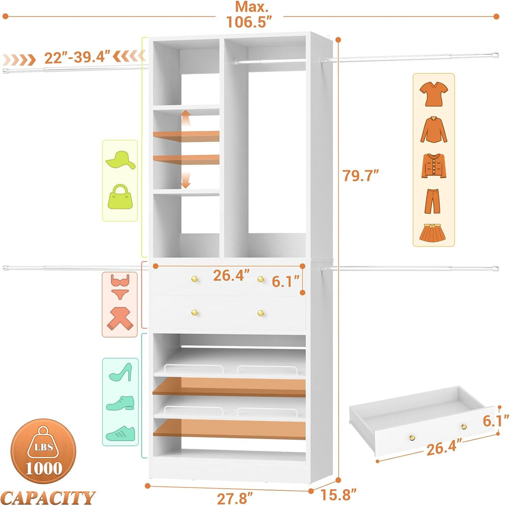 Closet System, 4.2-8.8 FT Closet Organizer with 2 Wooden Drawers and Shelves, Walk-in Closet System with 5 Hang Rods