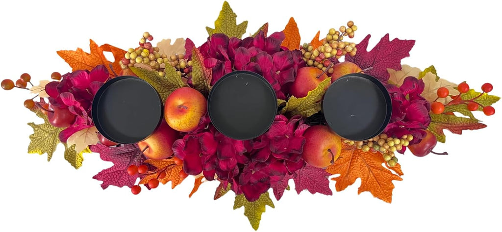 26 Inch Fall Candle Holder Centerpiece with Hydrangea and Apples | Three Candle Cups, Burgundy Hydrangea and Faux