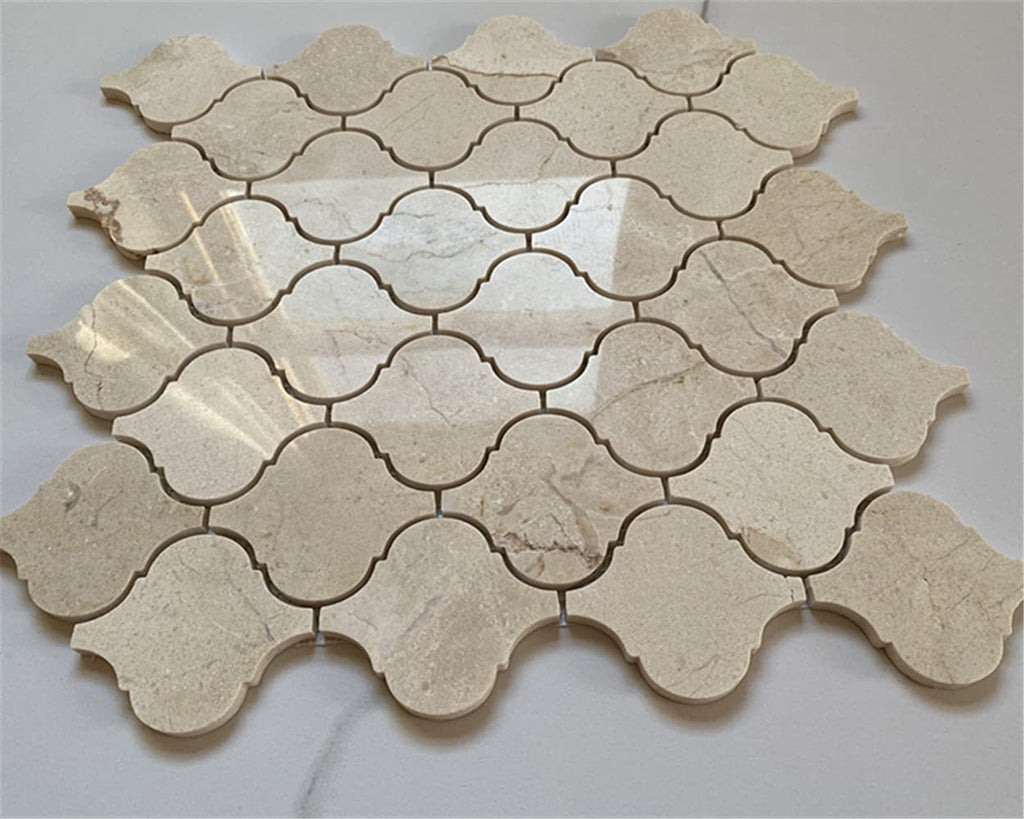 Crema Marfil Marble Medium Arabesque Baroque Lantern Mosaic Tile Polished Kitchen Bath Wall Floor Backsplash Shower
