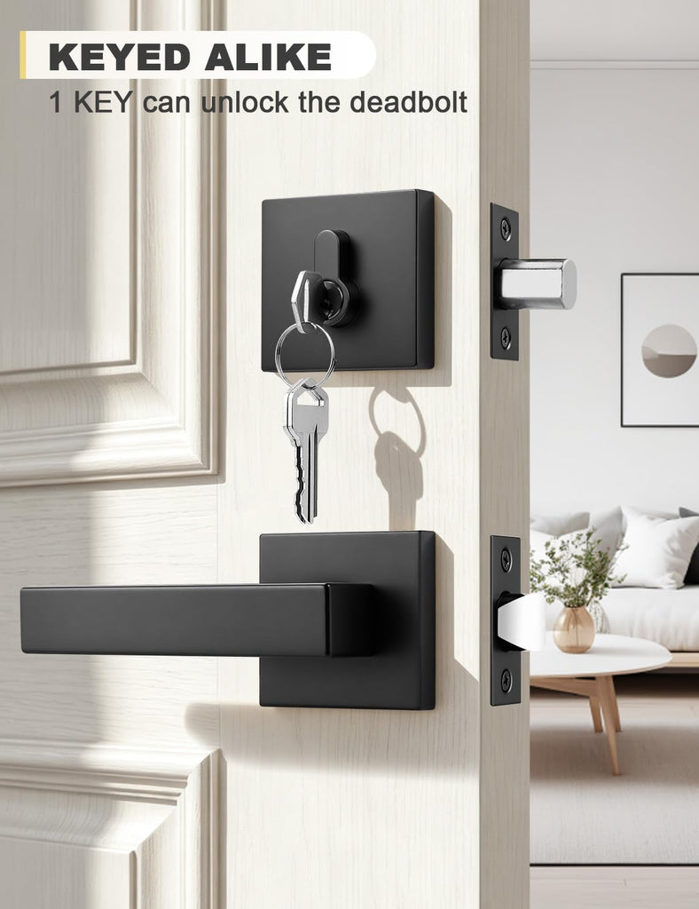 2 Pack Black Passage Door Lever with Single Cylinder Deadbolt, Exterior Square Door Handle with Deadbolt, Modern Door