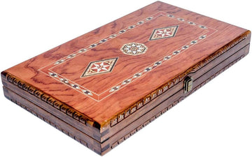 Backgammon Set Mosaic and Carved Design - Foldable Rosewood Board - Classic Board Game - Size 20,5"