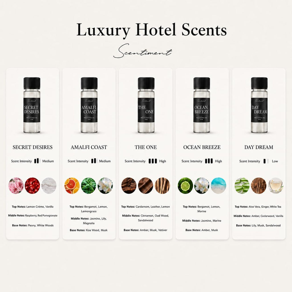 Luxury Hotel Scents - 5 Diffuser Oil Set - 5 x 0.68 fl oz(20 mL) | Secret Desires, Day Dream, The One, Ocean Breeze &