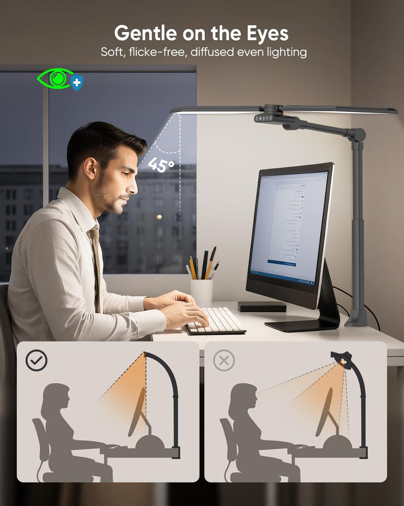 36W LED Desk Lamp with Clamp, Dual-Head Architect Lamp with Remote, Black