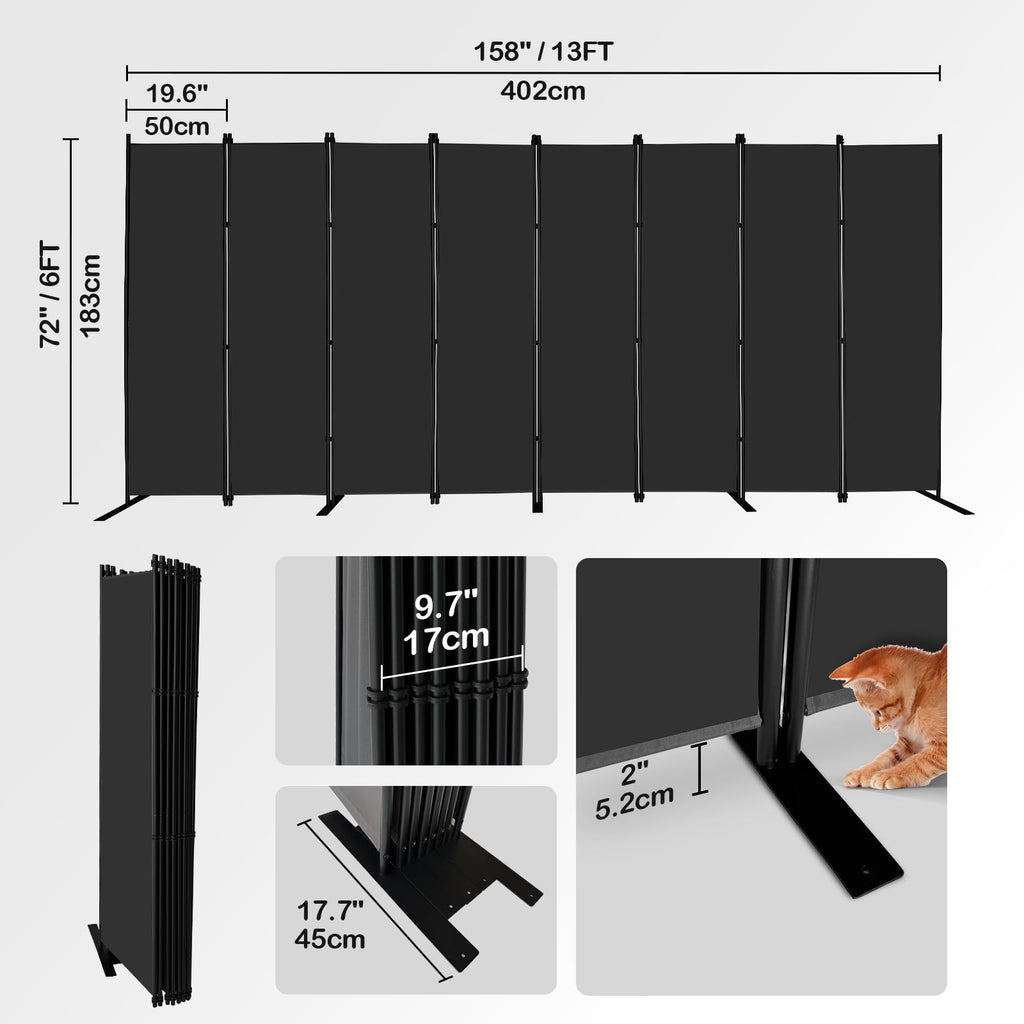 8-Panel Black Room Divider 6ft Tall Indoor Folding Privacy Screen