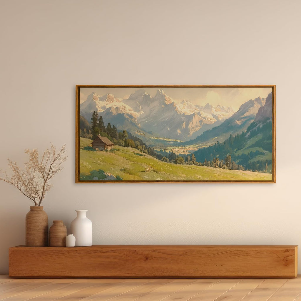 Snowy Mountain Wall Art, Framed Vintage Countryside Art Print