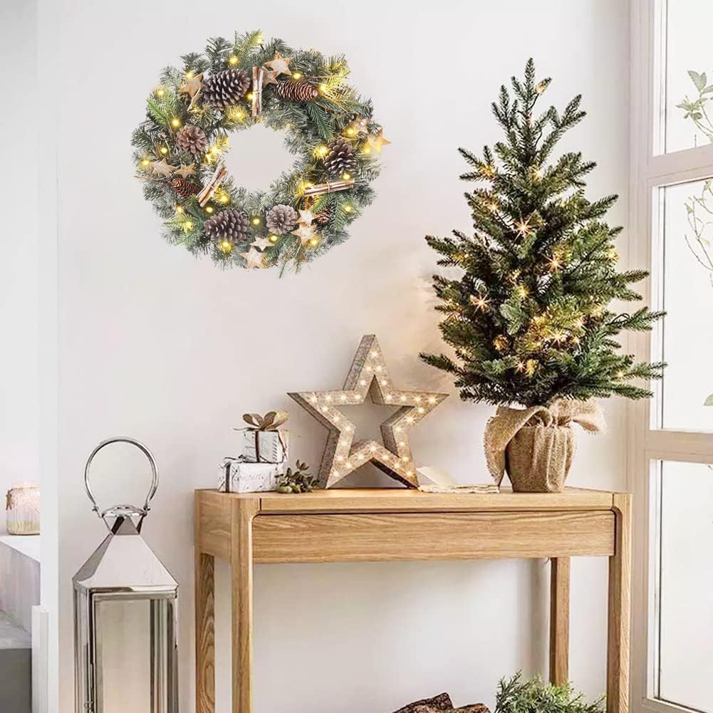 Christmas Wreaths for Front Door 20in Christmas Wreath with Pinecone Wood Stars Artificial Hanging Wreath for Xmas