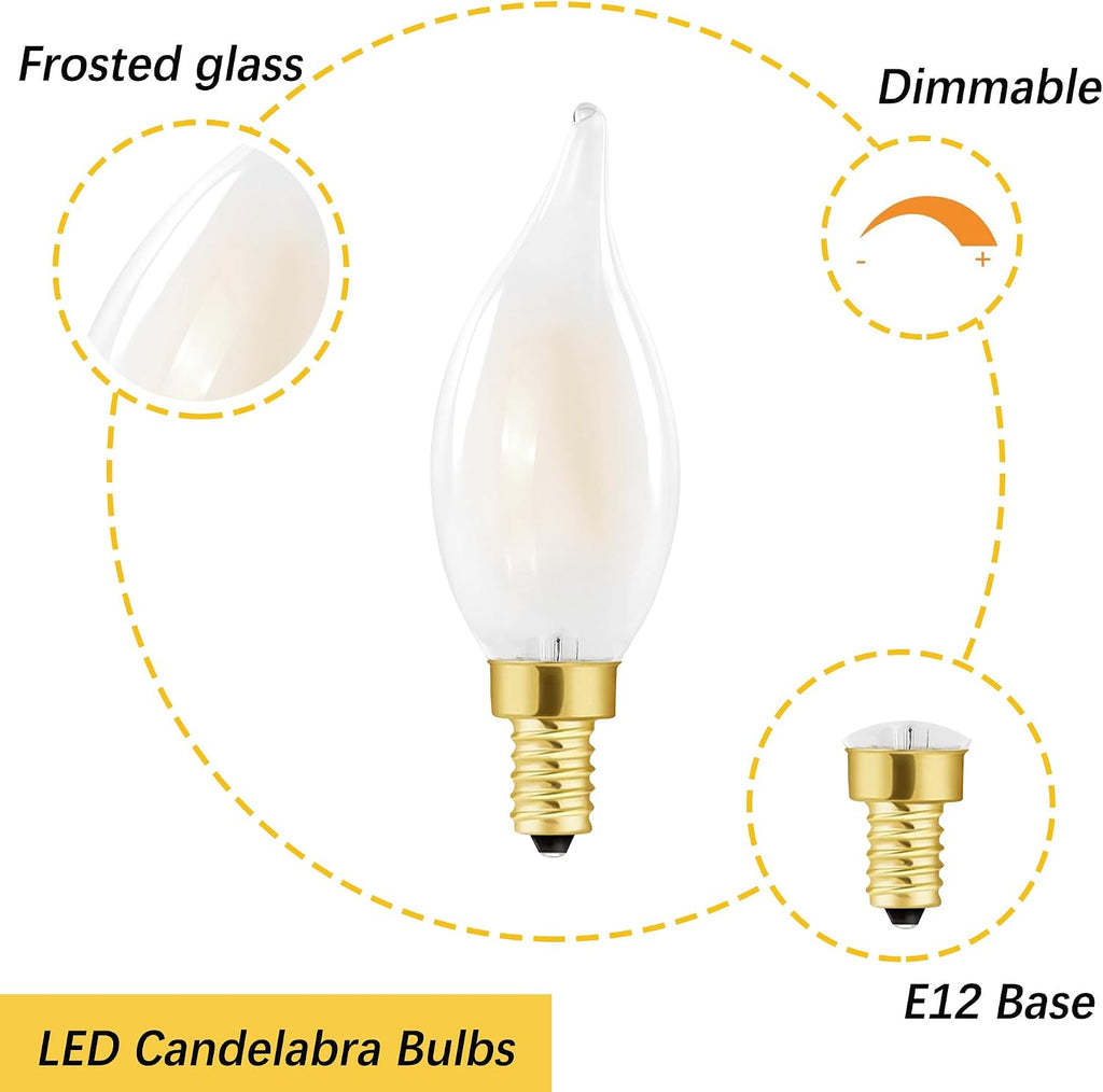 E12 Frosted Candelabra Candle LED Bulb 60W Dimmable 3000k Soft White bulb