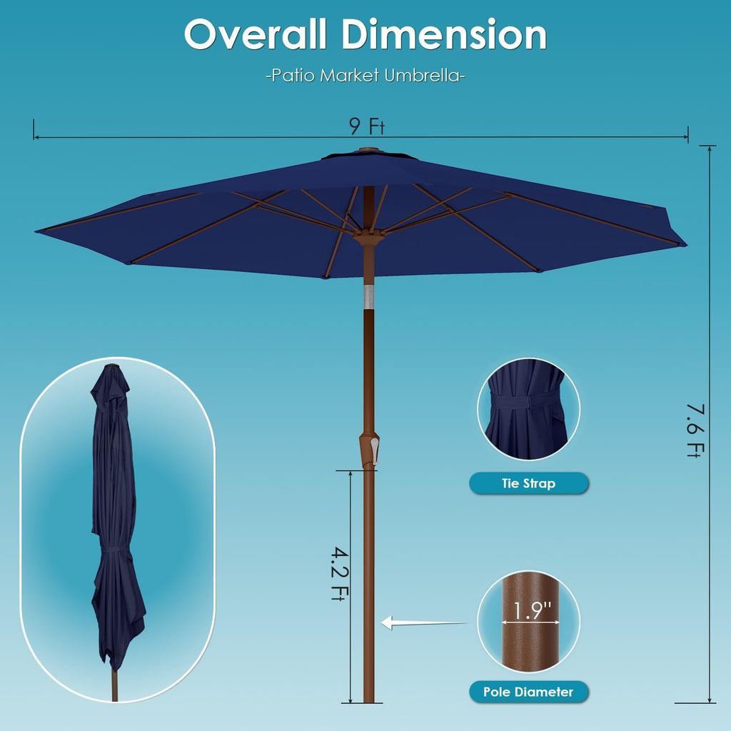 9-FT-Patio-Umbrella | Outdoor-Table-Umbrellas | 8 Sturdy Fiberglass Ribs | Push Button Tilt & Crank | Waterproof