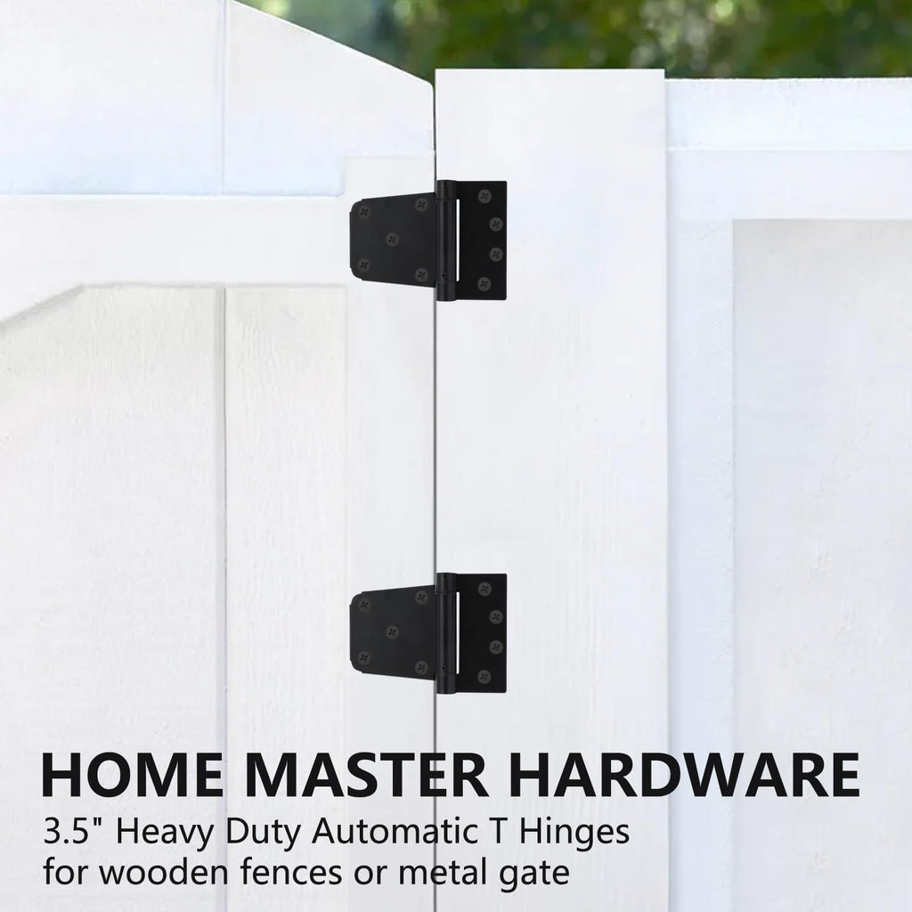 3-1/2 Inch Self Closing Gate Hinges, Spring T Hinges, Black, 2 Pack