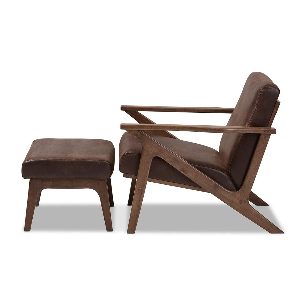Inspired Eames Style Bianca Mid-Century Modern Walnut Wood Dark Brown Distressed Faux Leather Lounge Chair and Ottoman