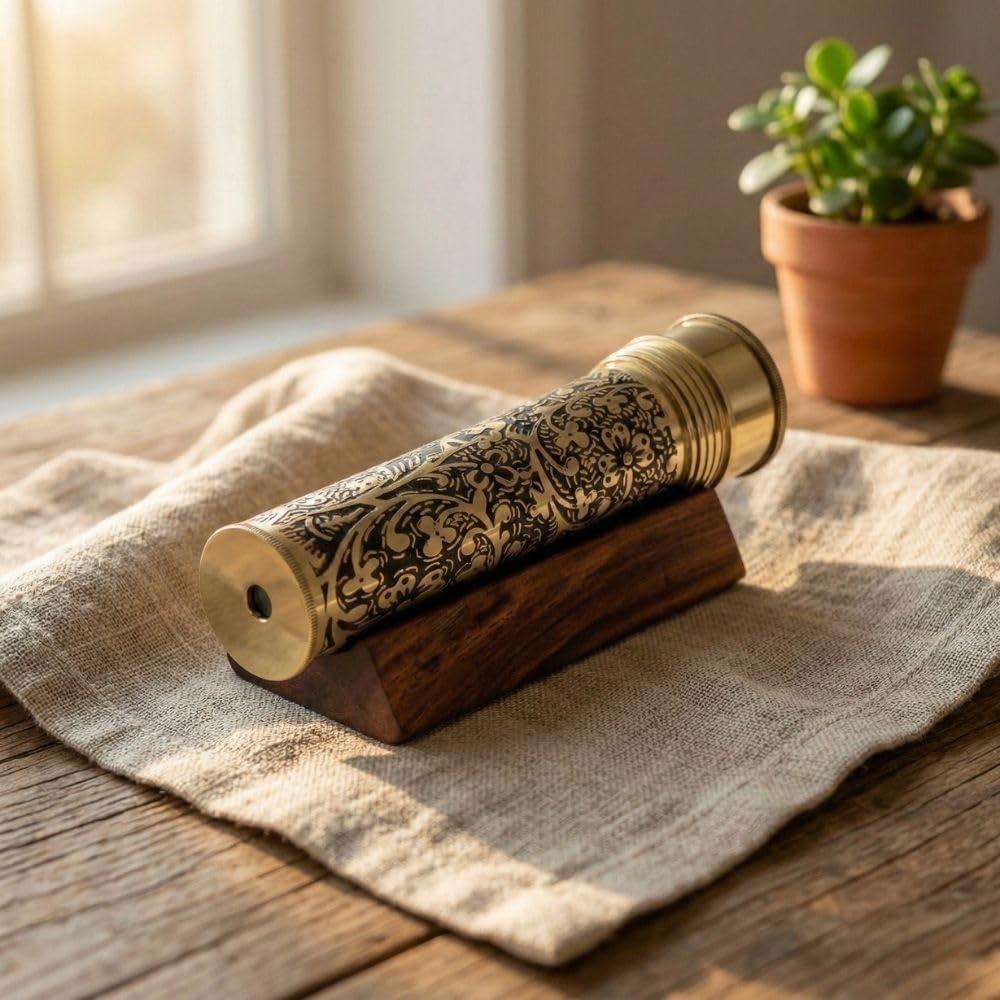 Handmade Kaleidoscope | Etched Brass with Three-Mirror System | Lampworking Glass Beads | Antique Brass Finish Wooden