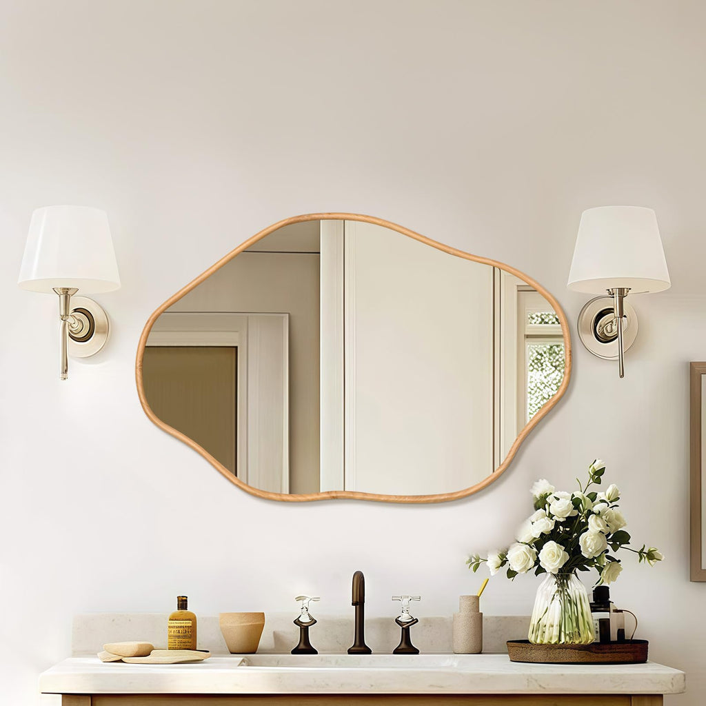Irregular Wall Mirror, 24x36 Inch, Natural Wood