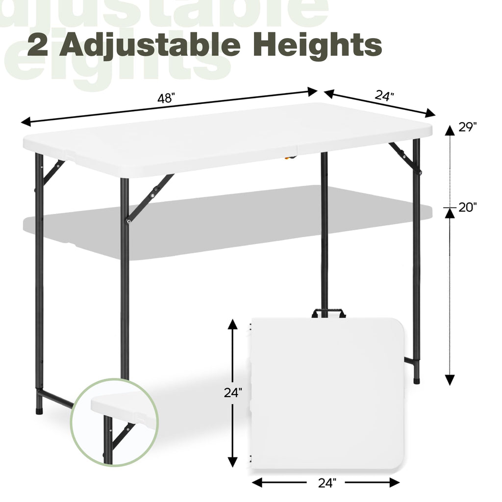 4ft Folding Table with Adjustable Height, 2-Level Foldable Table with HDPE Top & Steel Legs, Portable 4 Foot Folding