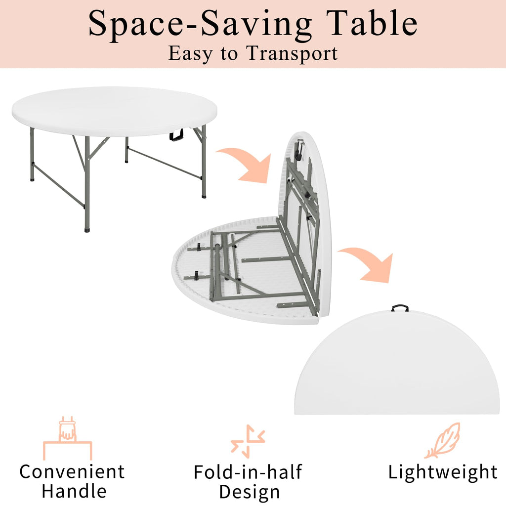 4 FT Round Folding Tables with Carrying Handle Lightweight Portable Plastic Commercial Table Steel Legs for Party