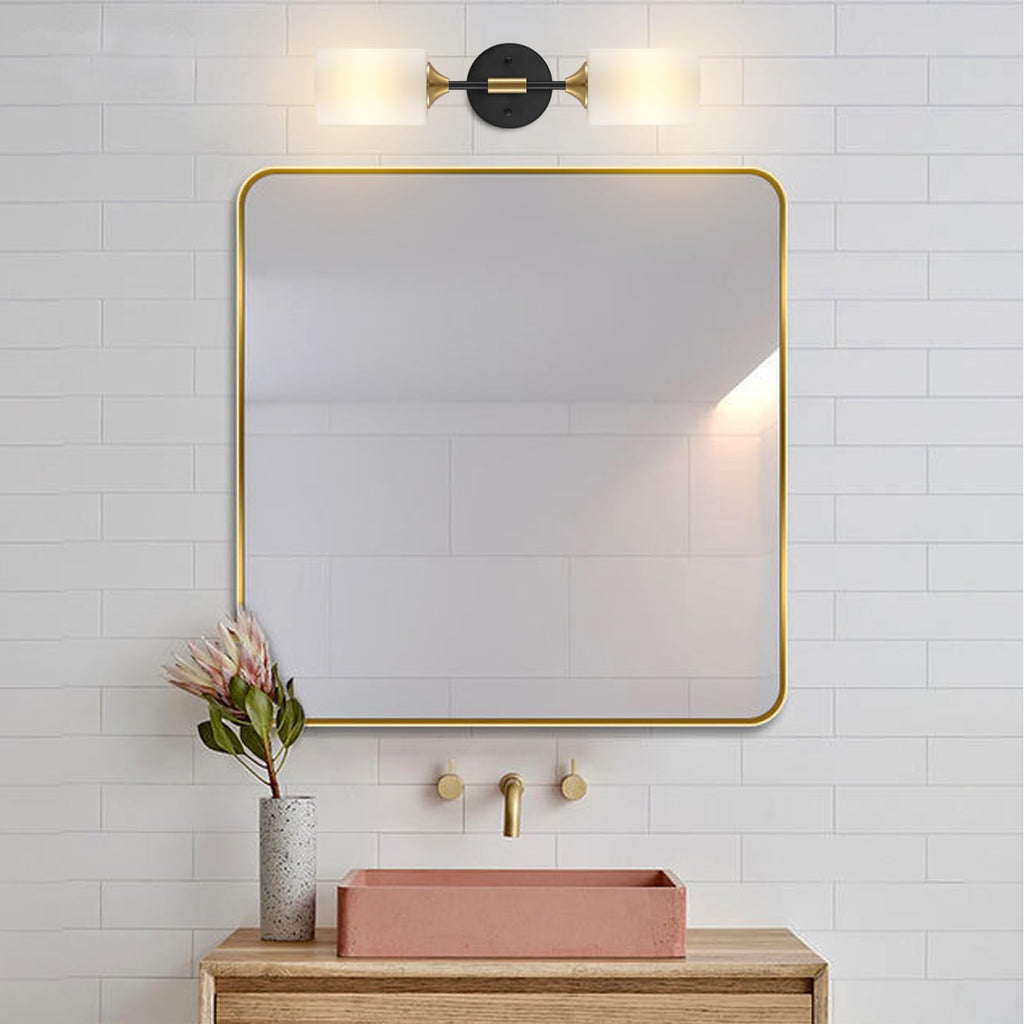Industrial Mid Century Wall Sconce 2-Lights with White Cylinder Glass Shades Modern Bathroom Vanity Wall Lamp Matte