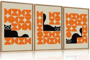 Mid Century Geometric Black Cat Framed Canvas Wall Art Set, Abstract Modern Orange and Cream Wall Decor, Round Eyes