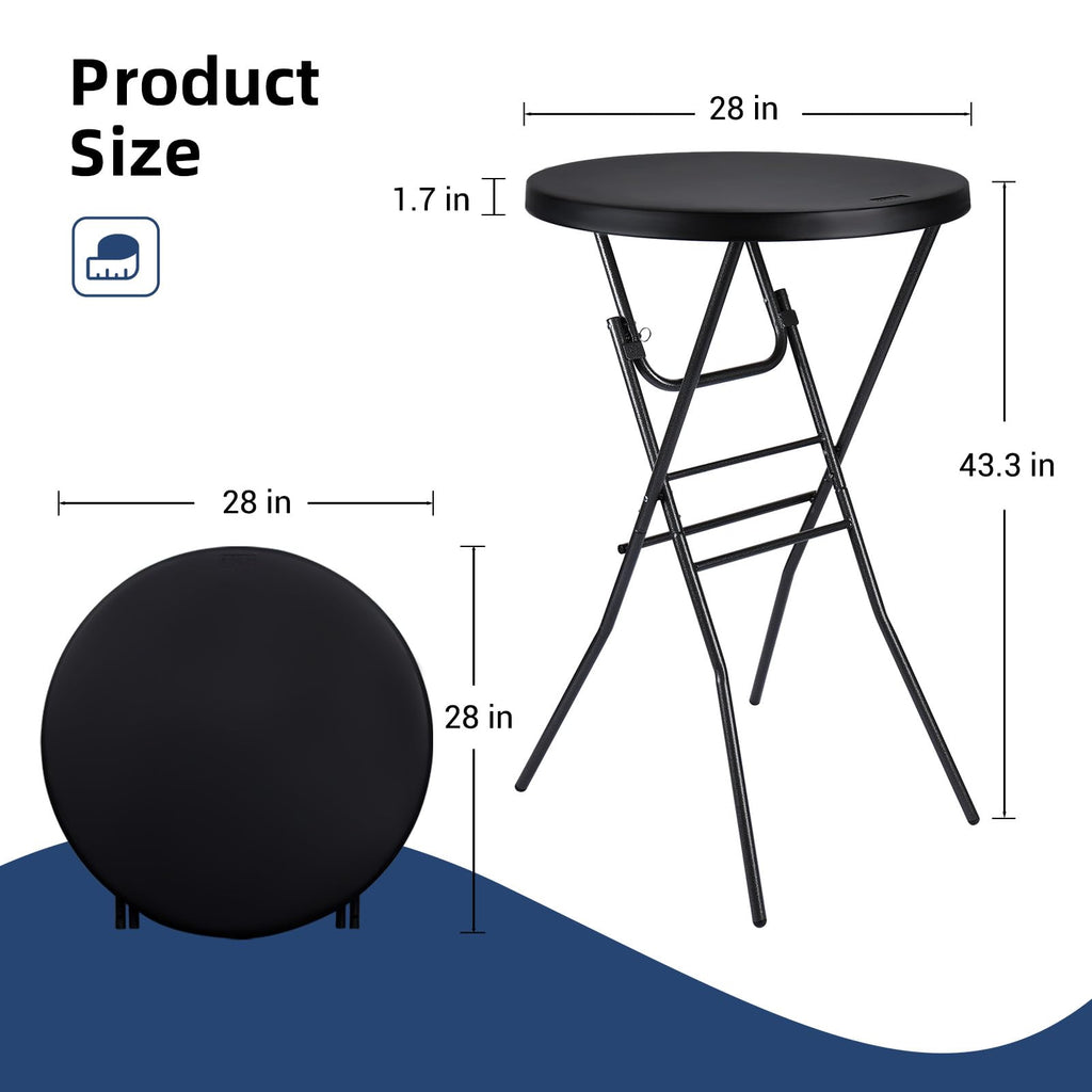 28in Cocktail Folding Table, Round High Top Bar Height Black Table