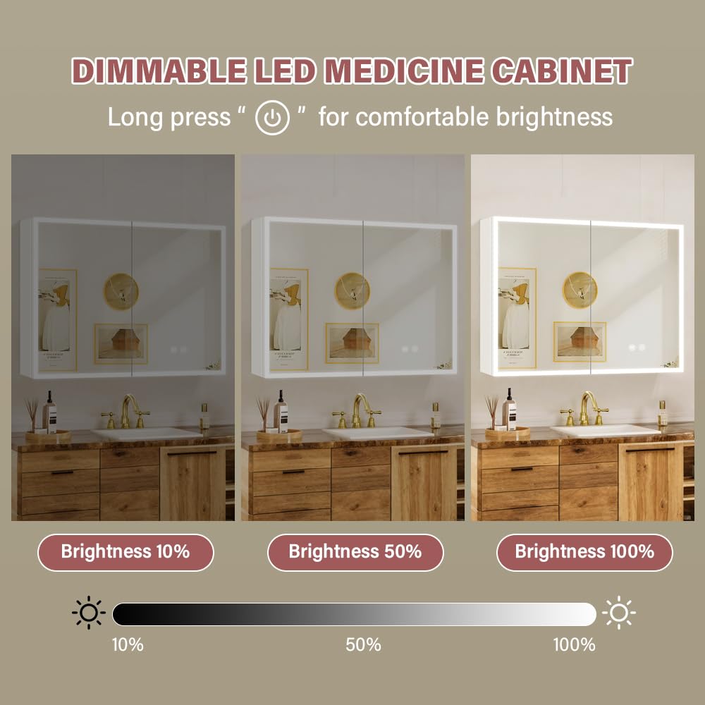 White LED Mirror Medicine Cabinets, Surface Mounted 32 x 24 Inch Bathroom Mirror Cabinet with Lights 3 Colors