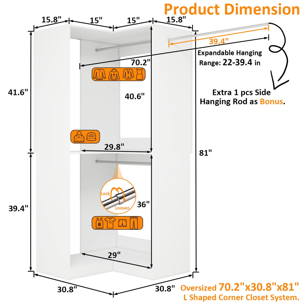 Corner Closet System with 3 Hanging Rods, 30.8"-70.2" L Shaped Freestanding Closet Organizer for Walkin Closet