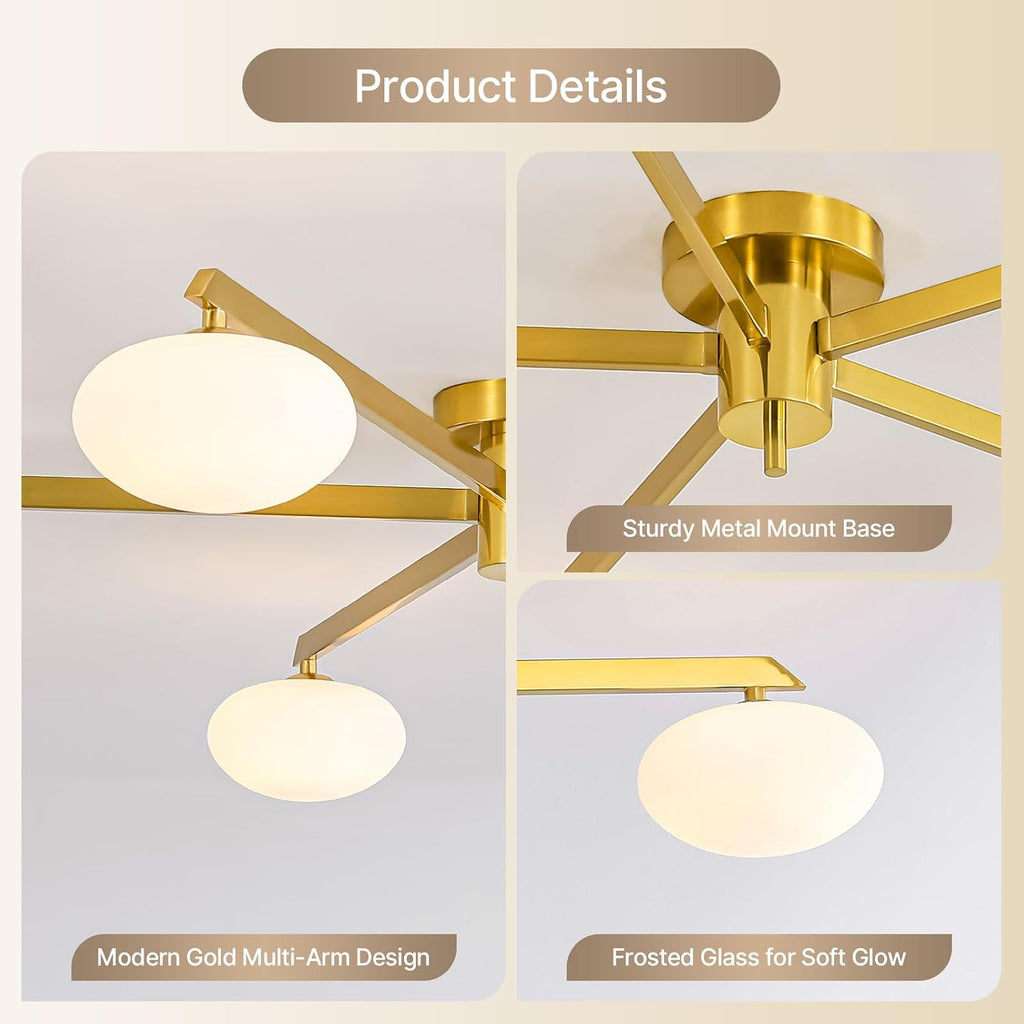 Semi Flush Mount Ceiling Light, Gold Sputnik Ceiling Light Fixture with 5-Oval Milk Glass Lampshades, Mid Century