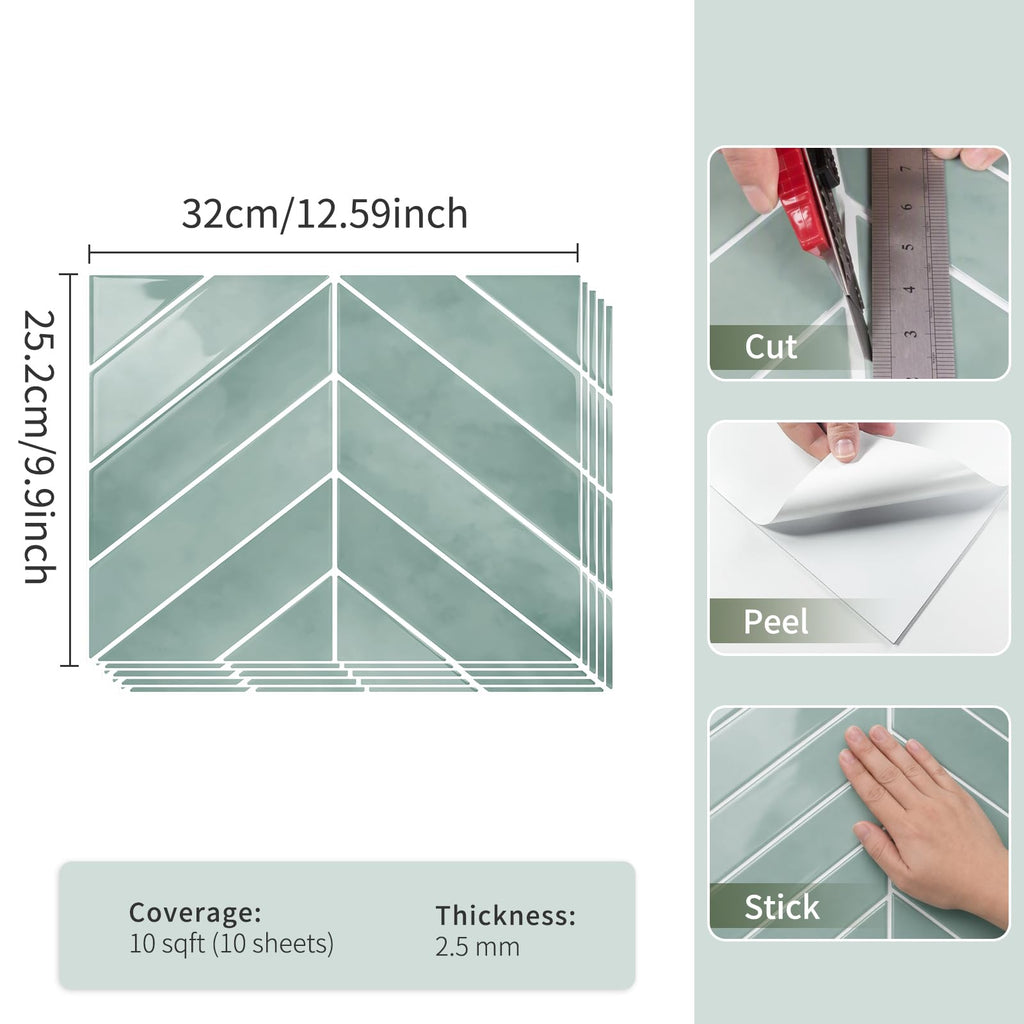 10 Sheets Thicker Herringbone Peel and Stick Backsplash(Blue,12.6"x9.9")