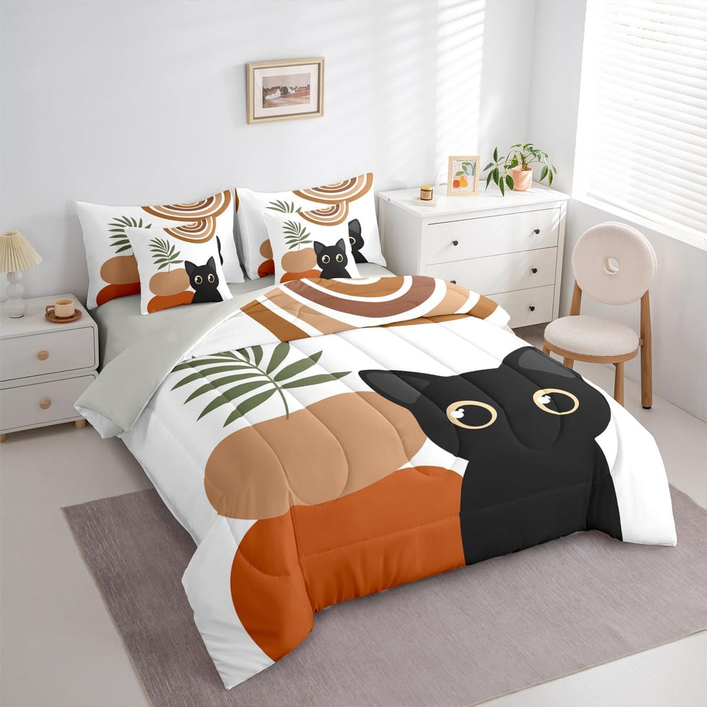 7 Pcs Kids Funny Cat Bedding Set Boho Mid Century Comforter Set with Sheets Twin Size Modern Minimalism Animals Bed
