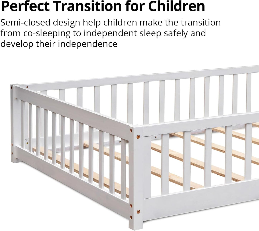Twin Floor Bed, Durable Montessori Floor Bed with Wood Slats, Safety Fence & Small Door, Wood Floor Bed Frame for
