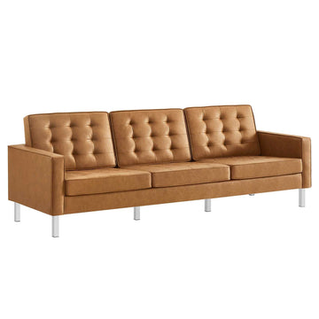 Loft Tufted Button Faux Leather Upholstered Sofa in Silver Tan