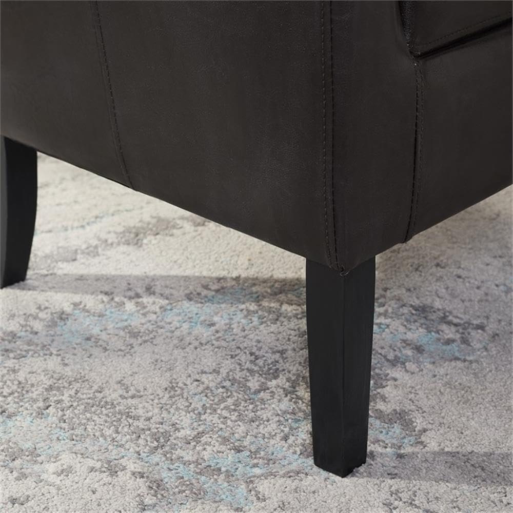 Contemporary Faux Leather Barrel Club Chair, Brown Finish, Rubberwood Frame, Upholstered Vinyl, Flared Armrests