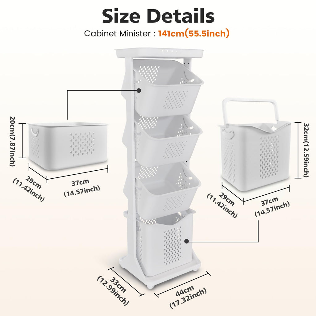 4-Tier Laundry Hamper Sorter, Vertical Laundry Baskets with Wheel