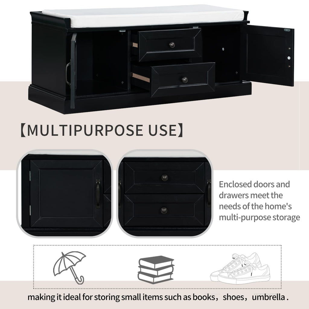 Rustic Wood Storage Bench With 2 Cabinets and 2 Drawers, Removable Cushion - Assembly Required