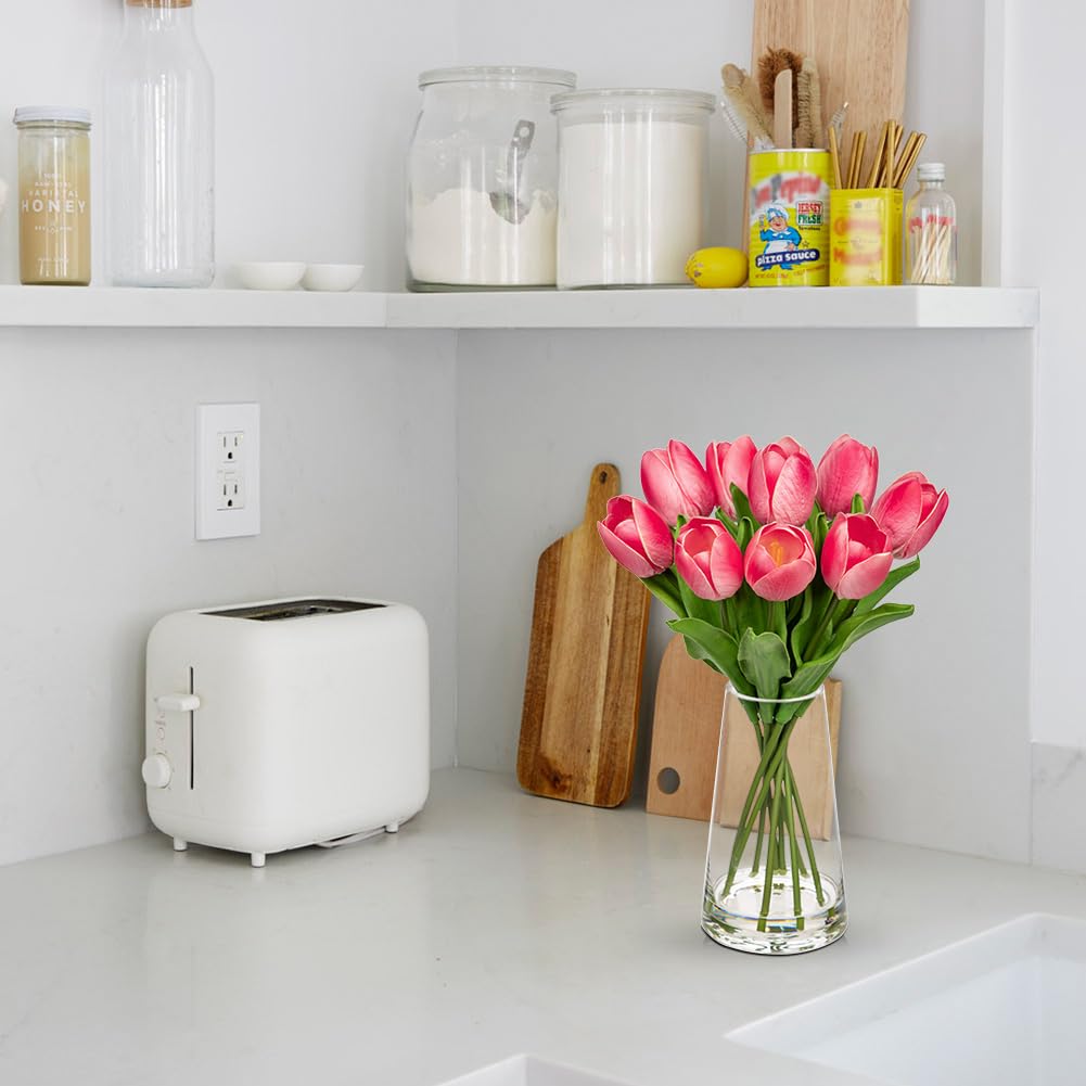 Fake Tulips Artificial Tulip Flowers in Glass Vase with Faux Water, 14.2" Real Touch Pink Tulip Flowers Spring Décor