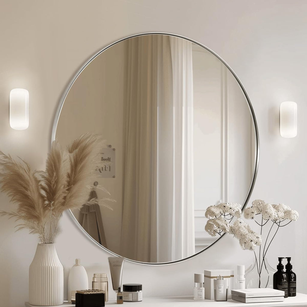 Round Chrome Mirror, 30 inch Round Chrome Mirror, Circle Bathroom Mirror in Stainless Steel Metal Frame
