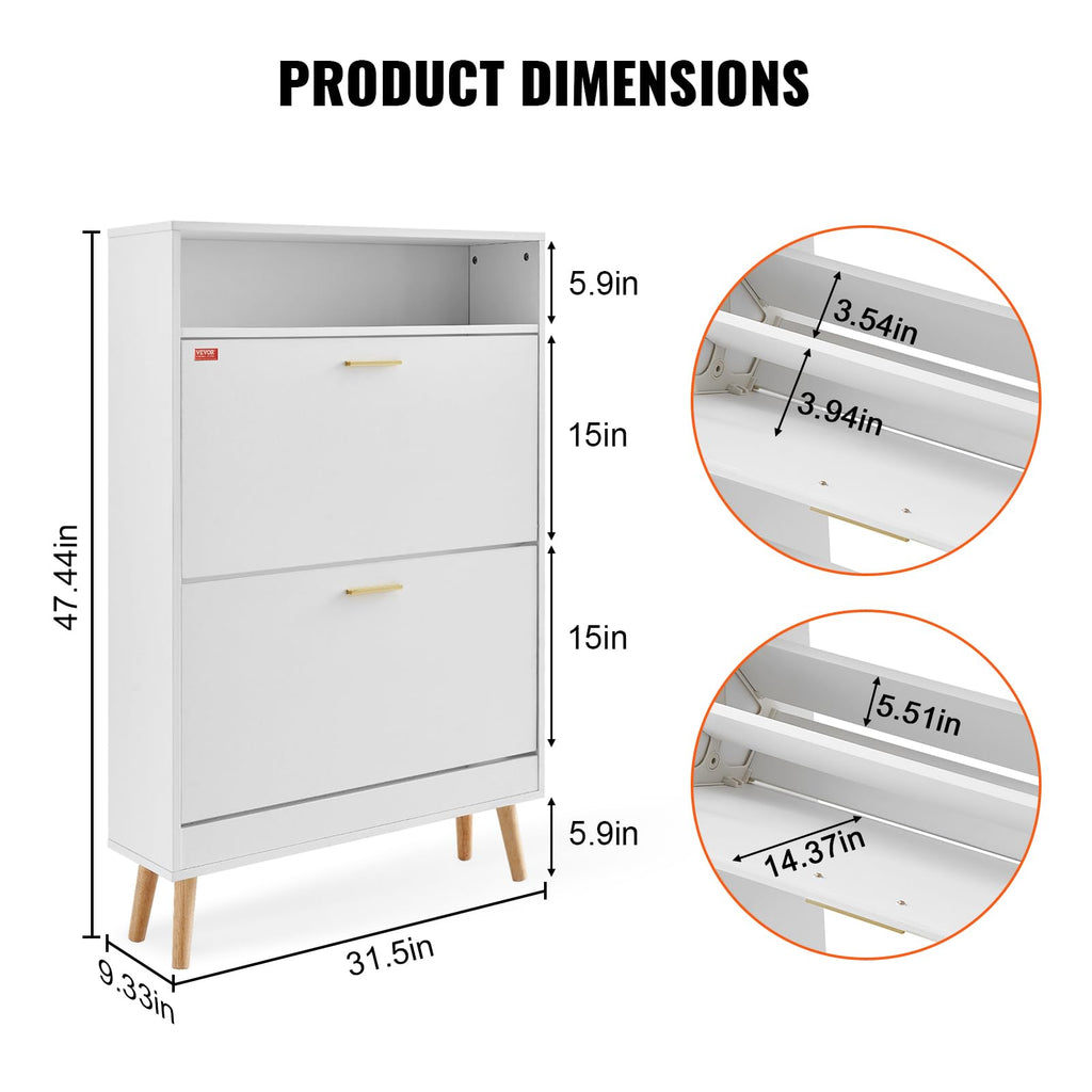 Shoe Storage Cabinet, 31.5" D x 9.4" W x 47.3" H, White