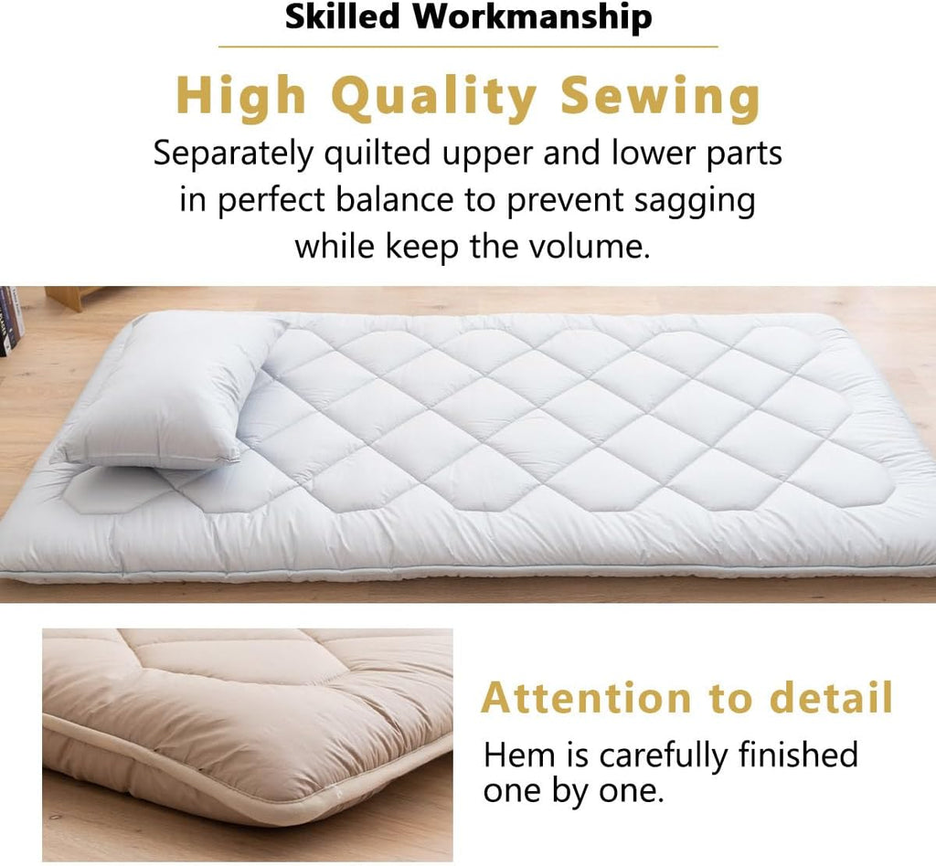 Japanese Floor Futon Mattress Anti-Sag -XL Made in Japan 100% Cotton Chip Foam Gray, Shikibuton Foldable Sleeping