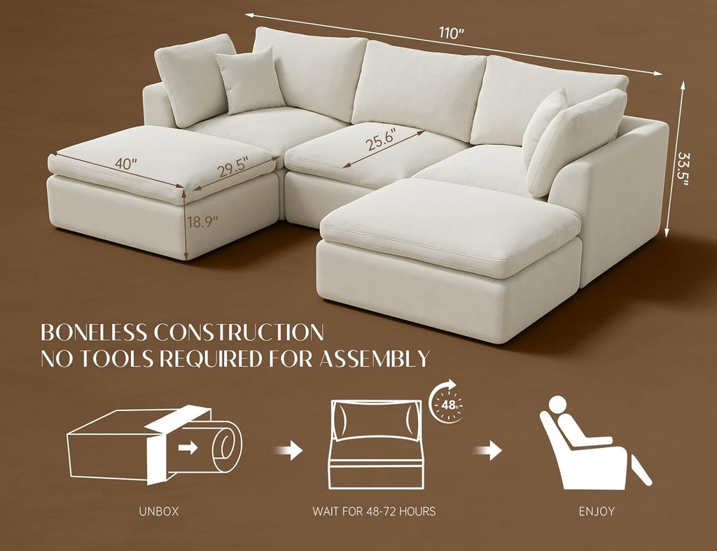 110" Cloud Sectional Couches , Boneless U Shaped Couch with Ottoman, 3 Seater Modular Sectional Sofa, Warm White