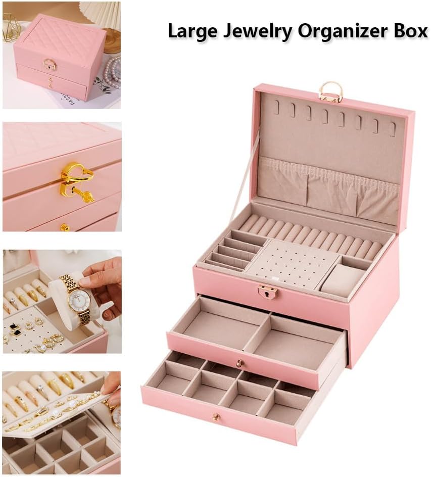 Jewelry Box for Women Girls, 3 Layers Large Jewelry Organizer (Pink)