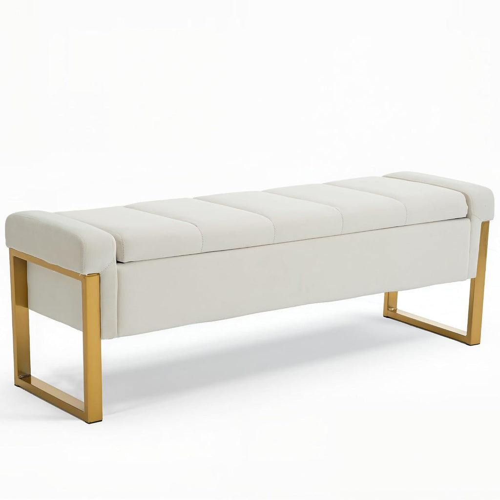 55" Tufted Storage Bench King Size Bed, Velvet Ivory White | Long Ottoman Gold Legs, Modern End of Bed Bench