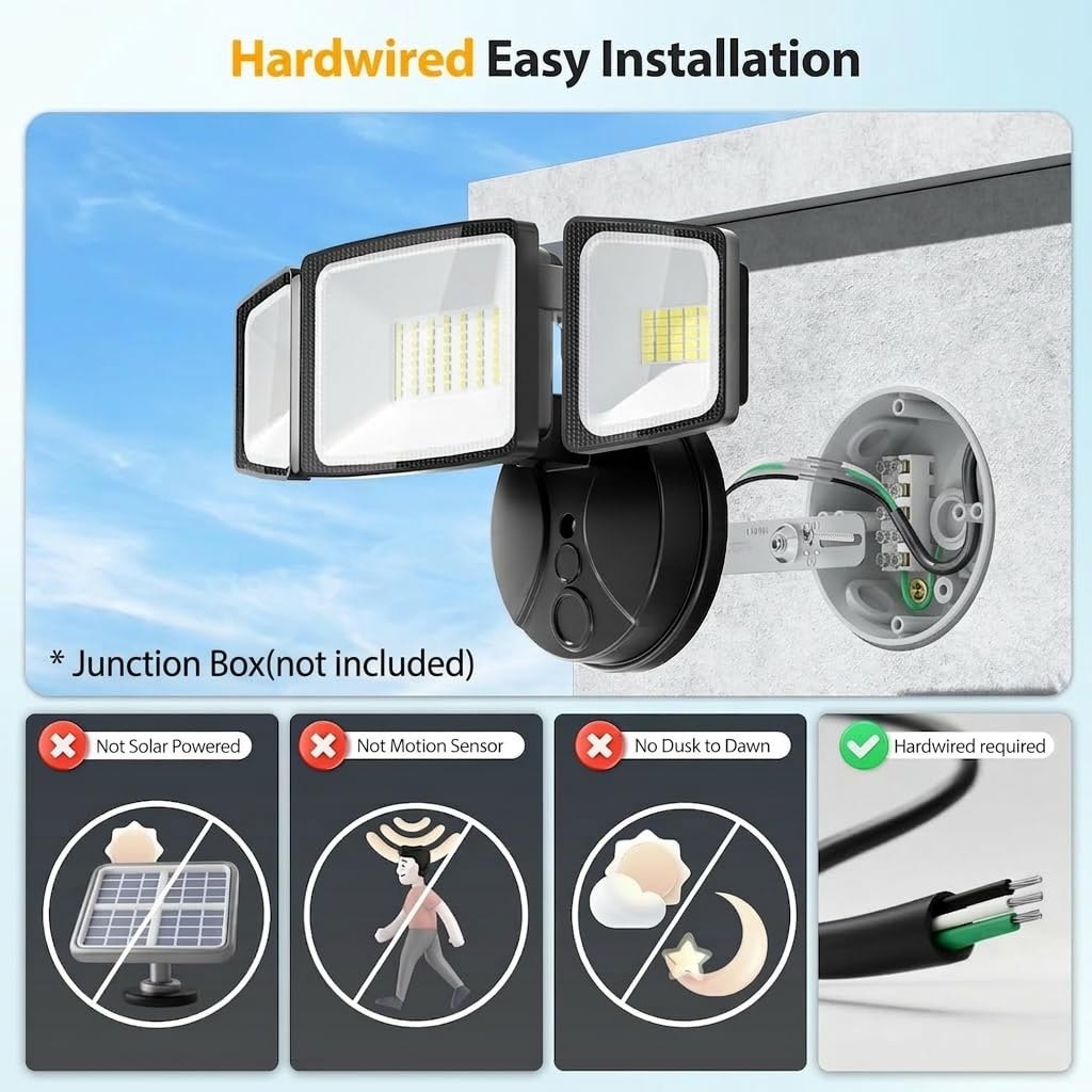75W Flood Lights Outdoor, Brightness Security Lights Switch Controlled, 3 Adjustable Heads, IP65 Waterproof