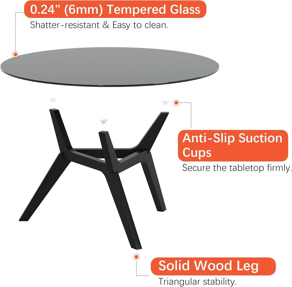 Round Glass Coffee Table, Soild Wood Base, 31.5" W, Black