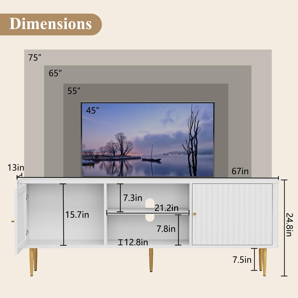67" Fluted Modern TV Stand for TVs up to 75 Inch, TV Console, White
