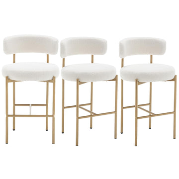 Gold Boucle Bar Stools Set of 3, 26" Modern Counter Stools with Backs, White Upholstered Barstools Island, Pub, Cafe