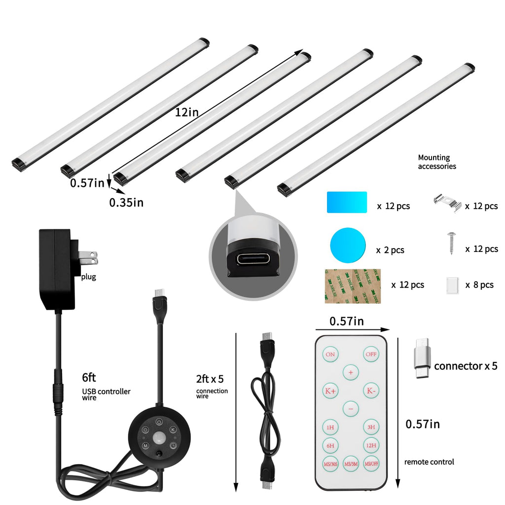 Under Cabinet Lights, 6 Pack Dimmable LED Lighting strip with IR Control, 3 Color Changing Plug in Light Bars