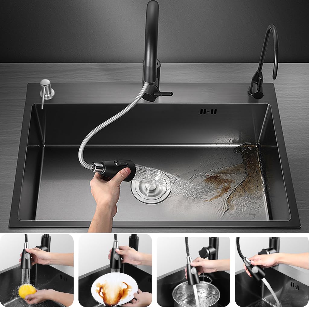 Black Stainless Steel Kitchen Sink, 16 Gauge Single Bowl Workstation Sink, Drop In/Topmount Farmhouse Sink with