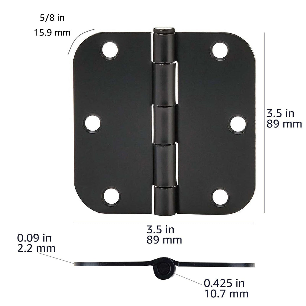 Sturdy Rounded 5/8 Radius Interior Door Hinges with Included Screws, 3.5" x 3.5", Matte Black, 18-Pack