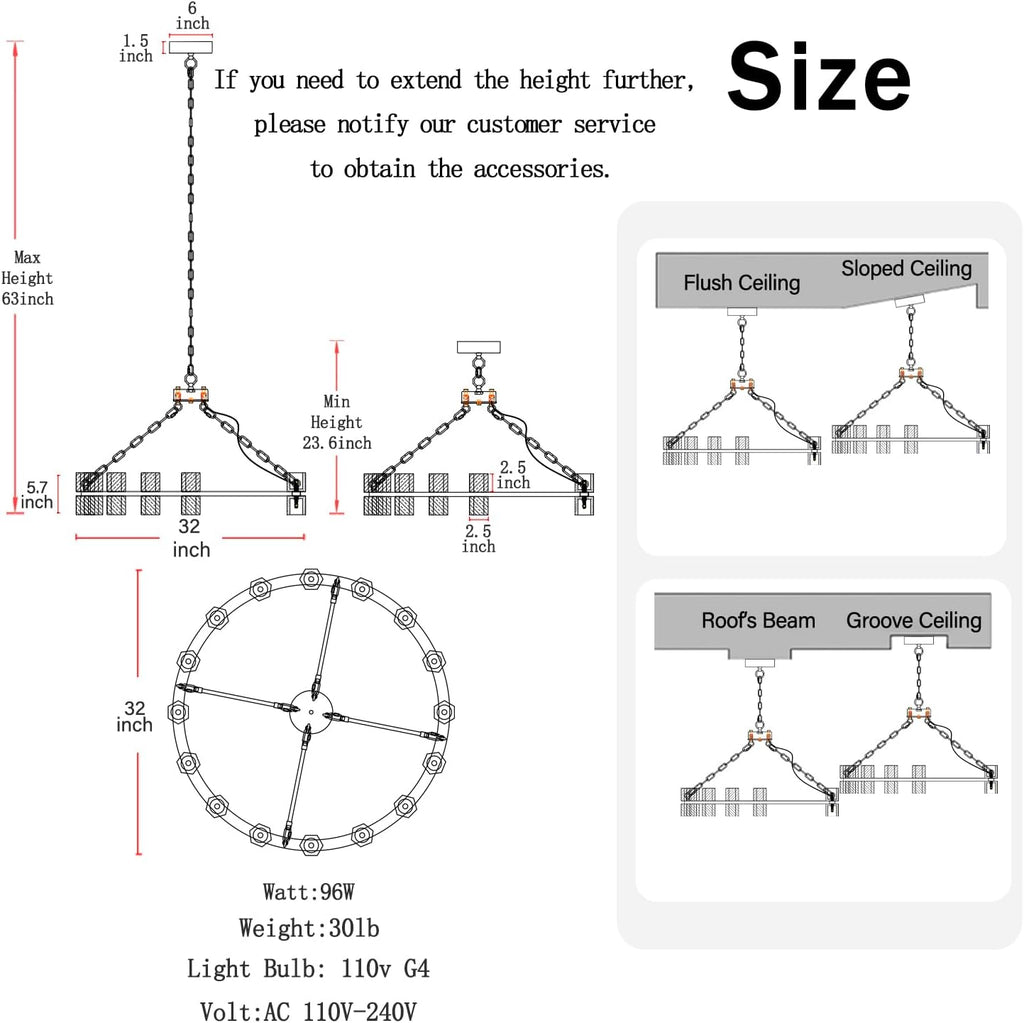 Inspired Arcachon Style Round Wagon Wheel Chandelier, 32" 32-Light Gold, Extended 32" Chain — Foyer, Dining & Living Room